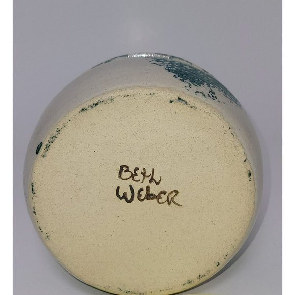 Handmade Beth Weber Signed Turquoise & White Farmhouse Sponge Ware Pottery Bowl - Picture 4 of 5